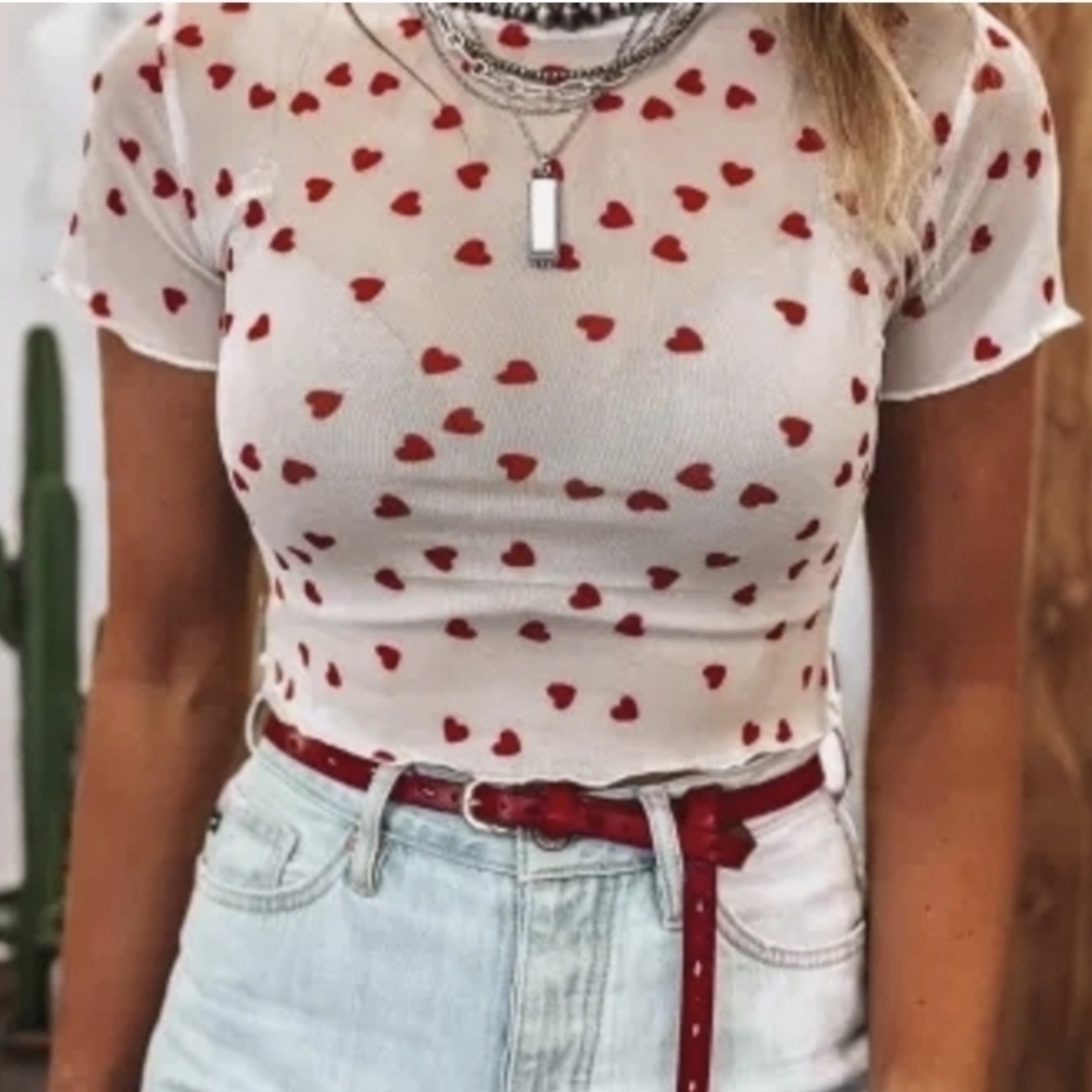 Sheer Red And White Heart Cropped Top Women's Top NWOT Size Medium